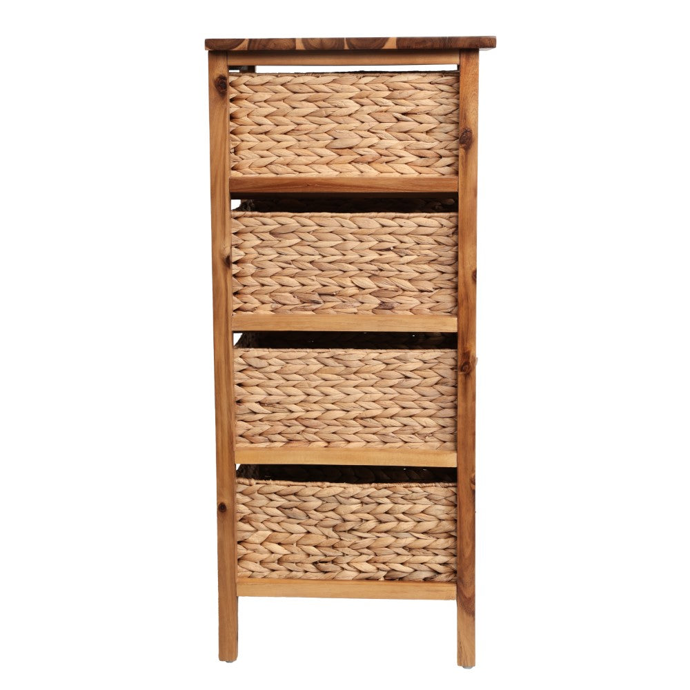 Lindenra 33.5 in. H Coastal Bohemian Handcrafted Acacia Wood 4-Tier Storage Cabinet with 4 Water Hyacinth Woven Baskets