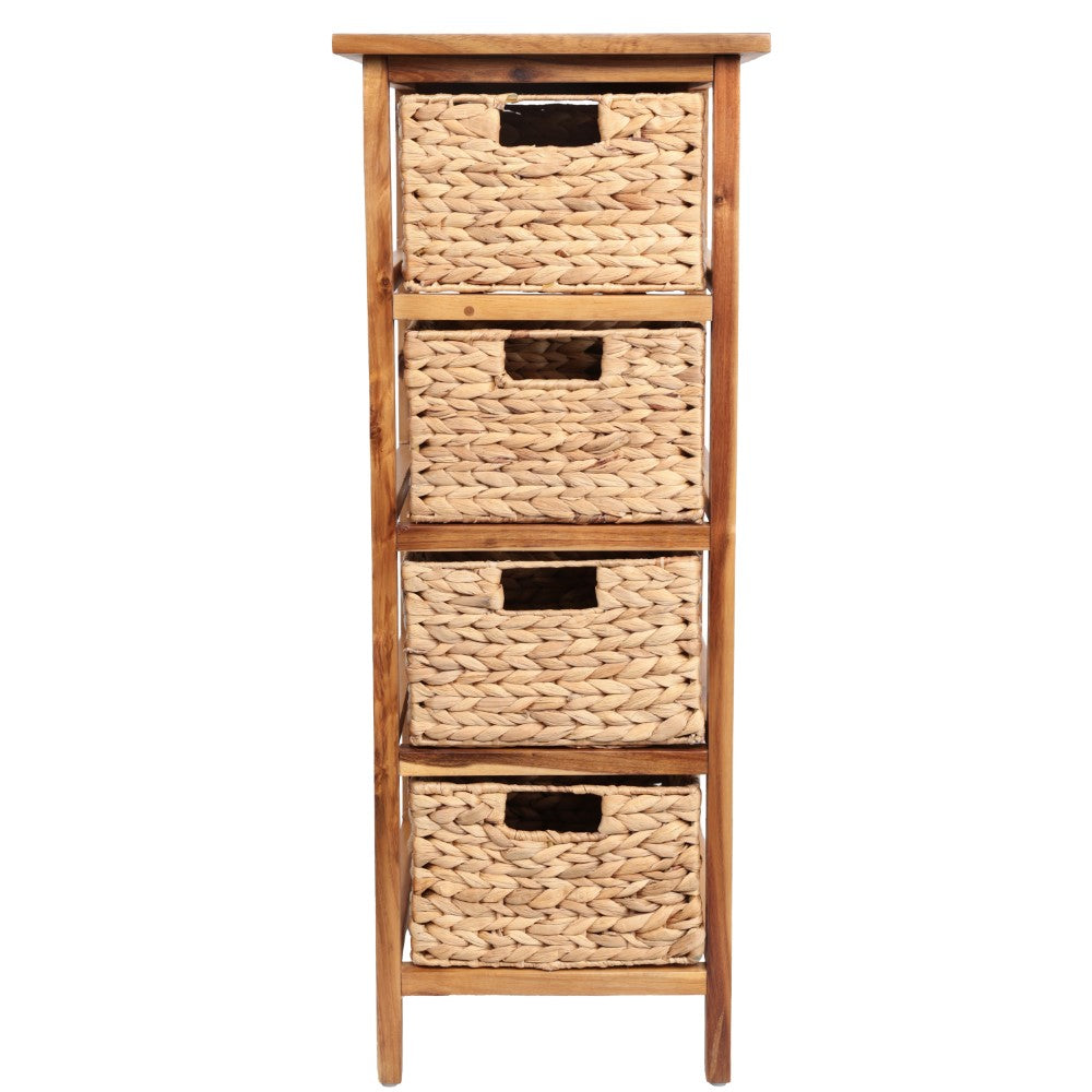 Lindenra 33.5 in. H Coastal Bohemian Handcrafted Acacia Wood 4-Tier Storage Cabinet with 4 Water Hyacinth Woven Baskets