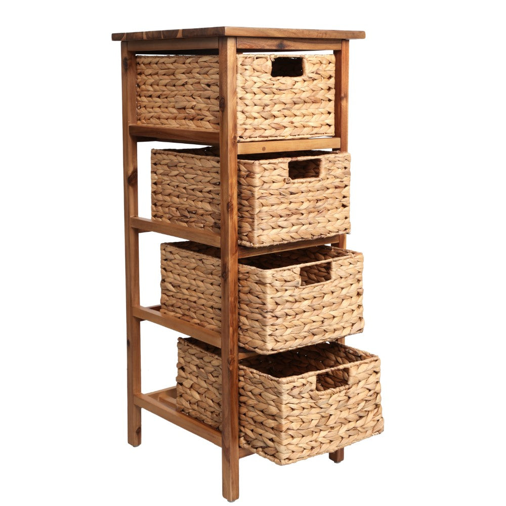 Lindenra 33.5 in. H Coastal Bohemian Handcrafted Acacia Wood 4-Tier Storage Cabinet with 4 Water Hyacinth Woven Baskets
