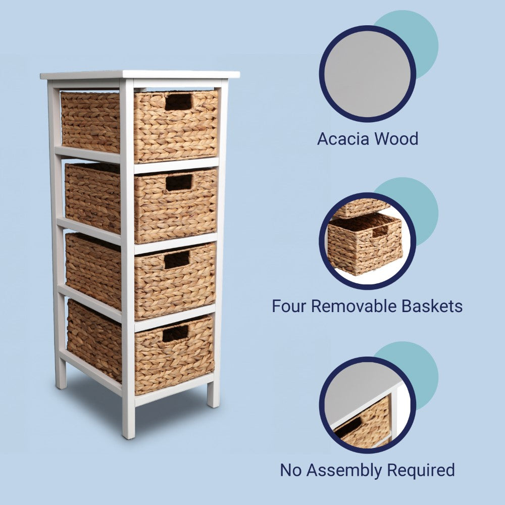 Lindenra 33.5 in. H Coastal Bohemian Handcrafted Acacia Wood 4-Tier Storage Cabinet with 4 Water Hyacinth Woven Baskets