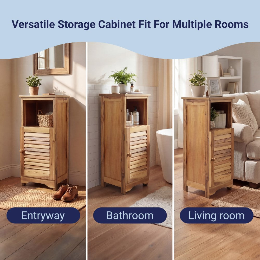 Ravelle 27.5 in. H Handcrafted Acacia Wood Bathroom Freestanding Floor Storage Cabinet with Louvered Door and Open Shelf