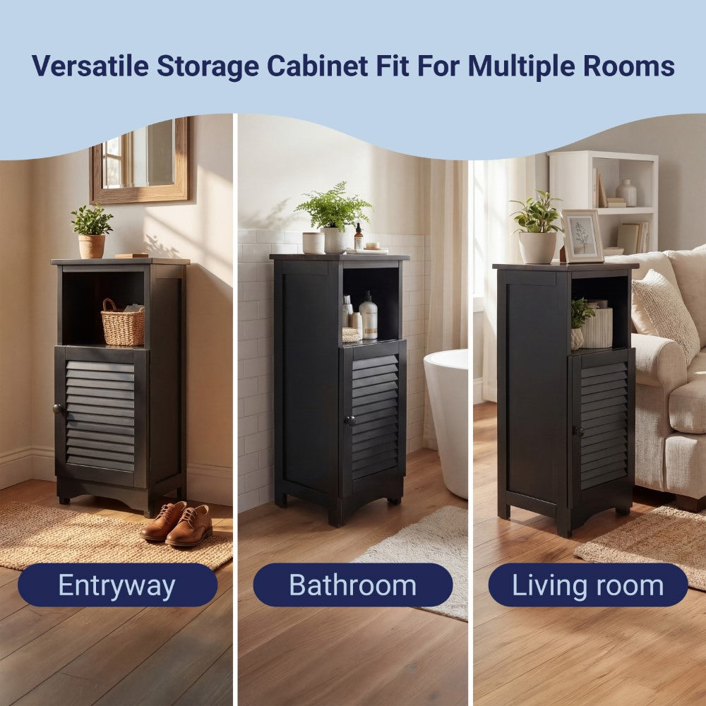 Ravelle 27.5 in. H Handcrafted Acacia Wood Bathroom Freestanding Floor Storage Cabinet with Louvered Door and Open Shelf
