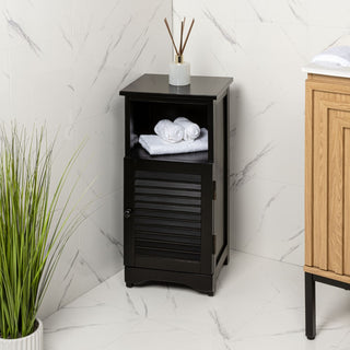 Ravelle 27.5 in. H Handcrafted Acacia Wood Bathroom Freestanding Floor Storage Cabinet with Louvered Door and Open Shelf