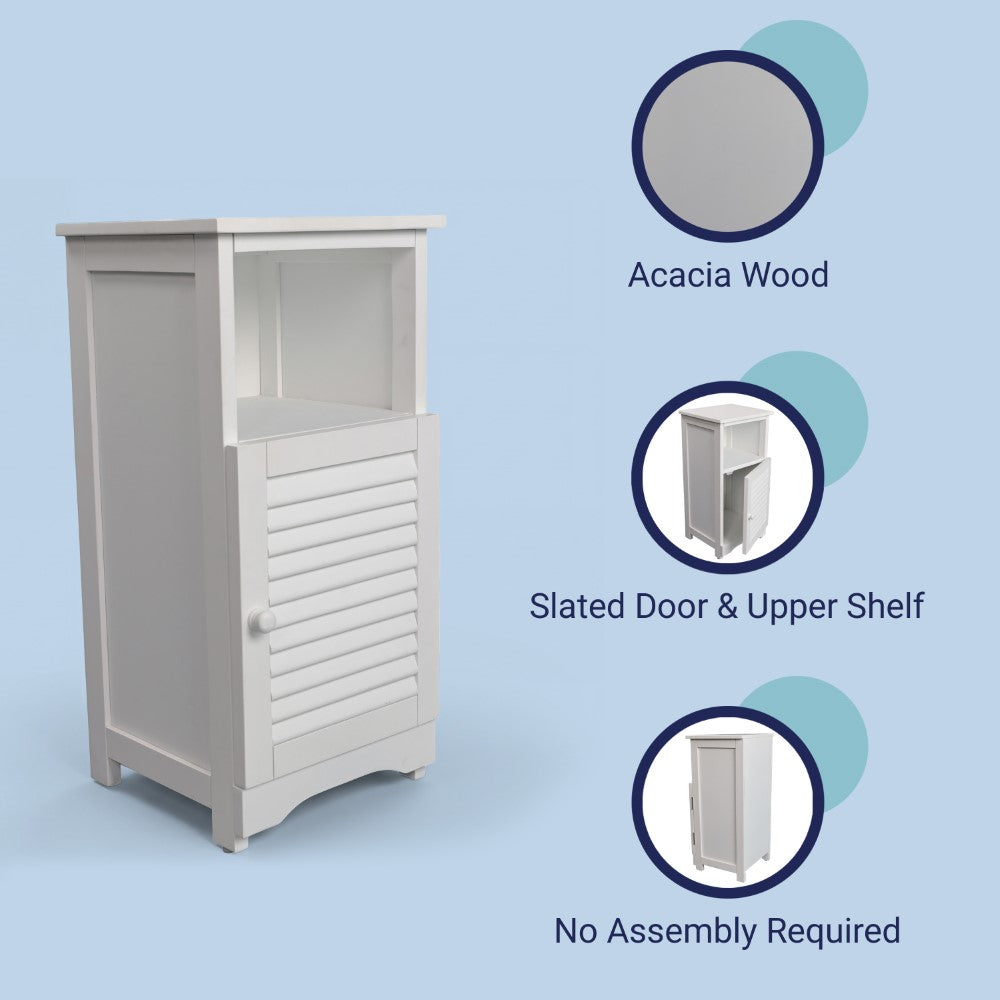 Ravelle 27.5 in. H Handcrafted Acacia Wood Bathroom Freestanding Floor Storage Cabinet with Louvered Door and Open Shelf