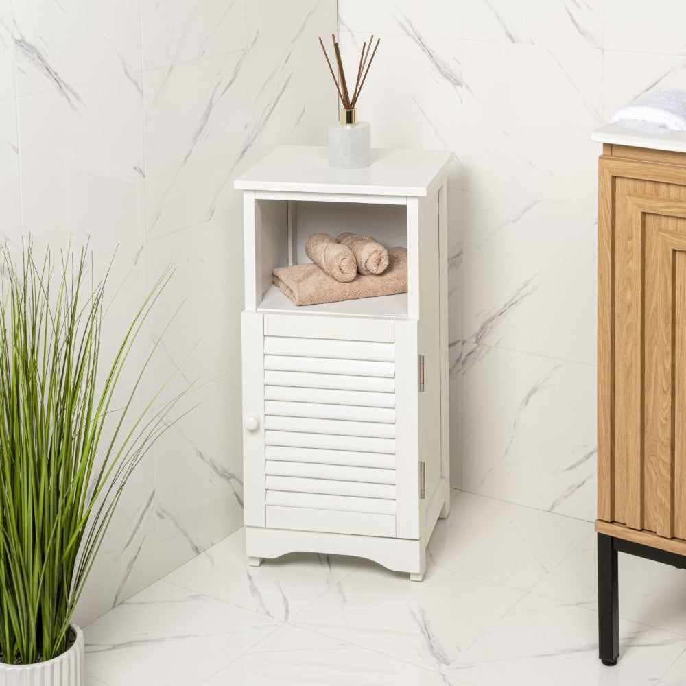 Ravelle 27.5 in. H Handcrafted Acacia Wood Bathroom Freestanding Floor Storage Cabinet with Louvered Door and Open Shelf