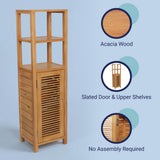 Valea 47 in. H Handcrafted Pine Wood Bathroom Freestanding Floor Storage Cabinet with Louvered Door and 3-Tier Open Shelves