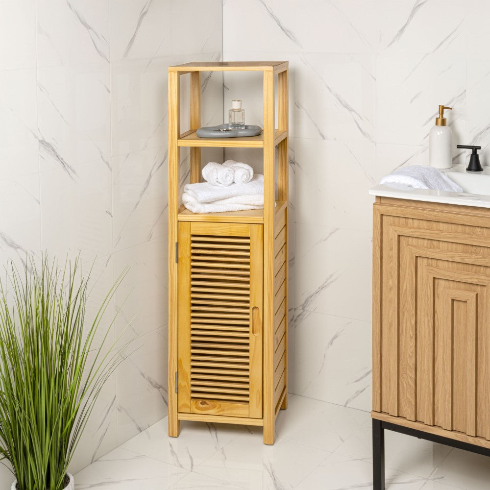 Valea 47 in. H Handcrafted Pine Wood Bathroom Freestanding Floor Storage Cabinet with Louvered Door and 3-Tier Open Shelves