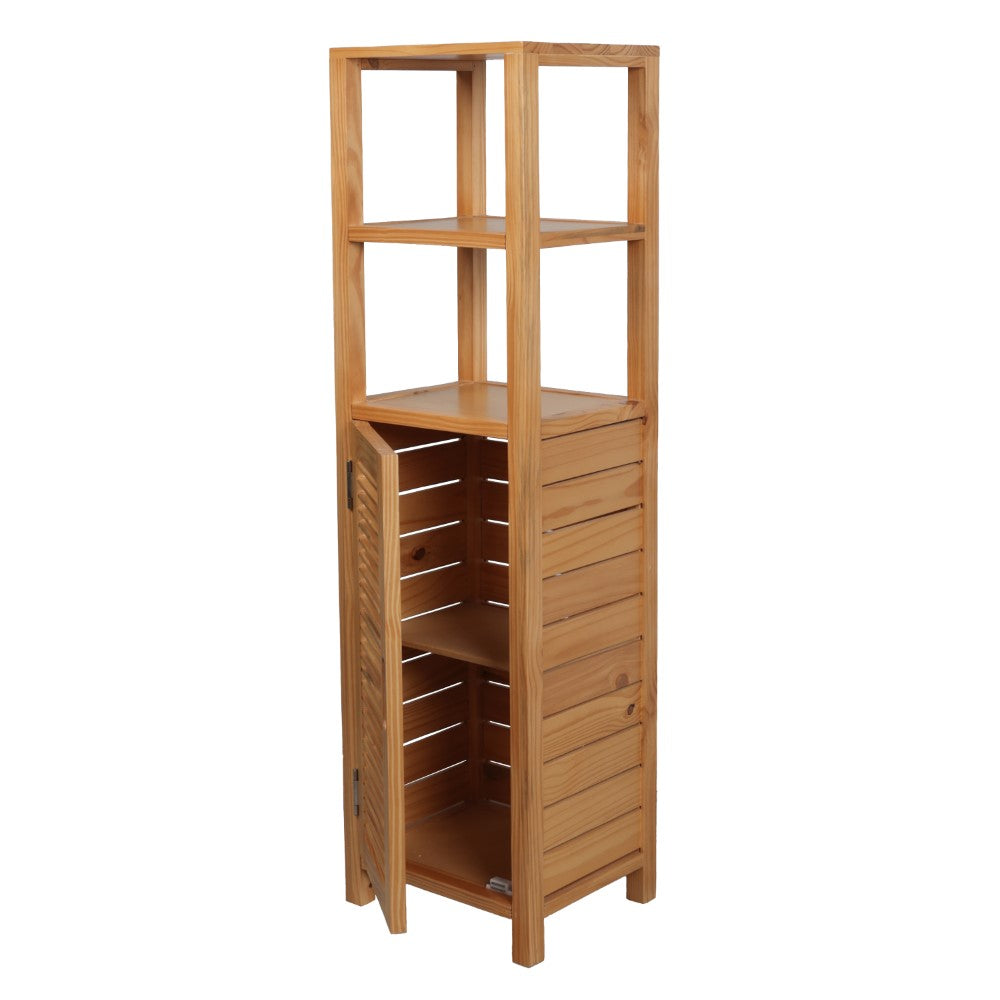 Valea 47 in. H Handcrafted Pine Wood Bathroom Freestanding Floor Storage Cabinet with Louvered Door and 3-Tier Open Shelves