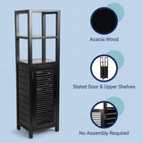 Valea 47 in. H Handcrafted Pine Wood Bathroom Freestanding Floor Storage Cabinet with Louvered Door and 3-Tier Open Shelves