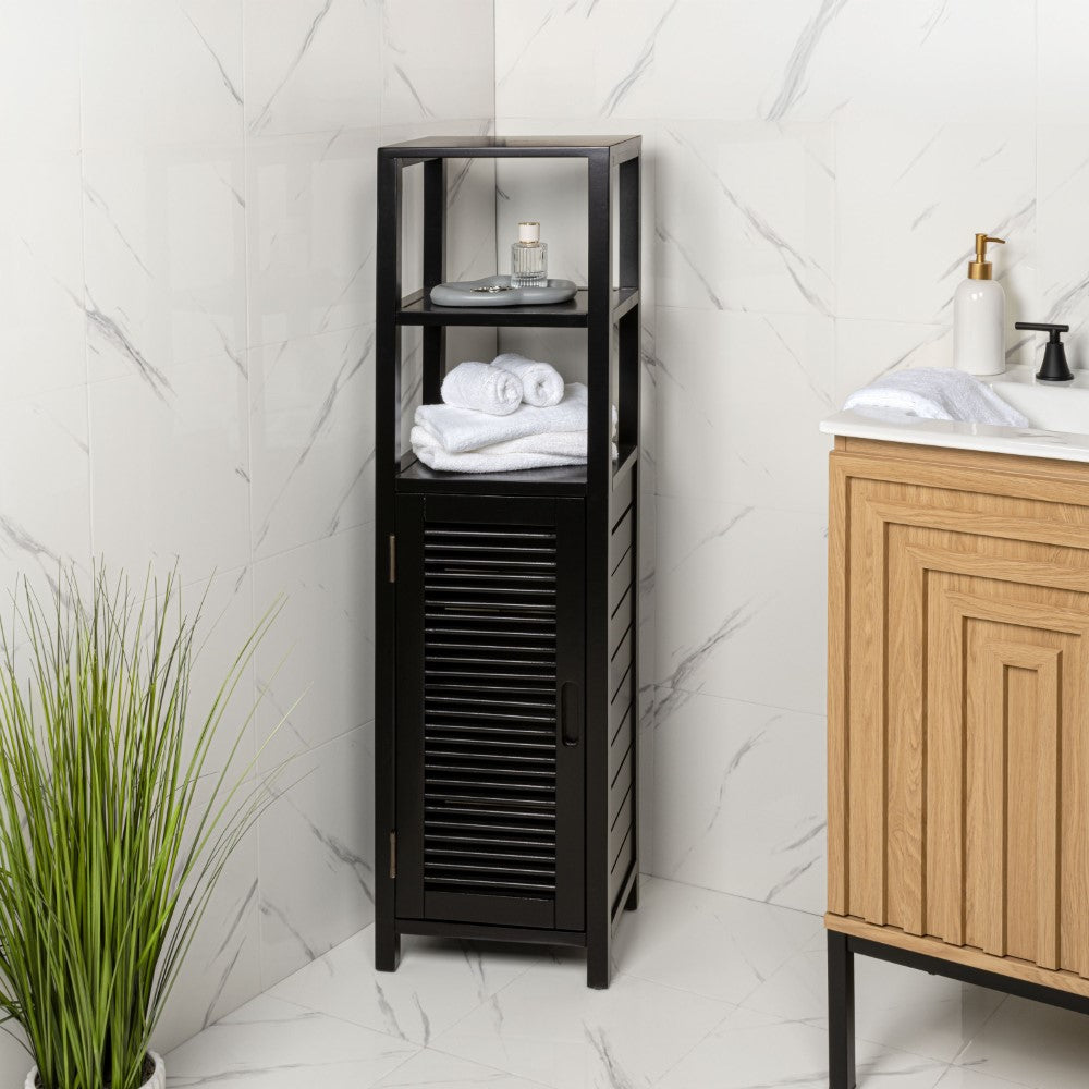 Valea 47 in. H Handcrafted Pine Wood Bathroom Freestanding Floor Storage Cabinet with Louvered Door and 3-Tier Open Shelves