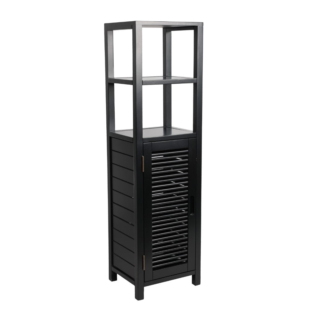 Valea 47 in. H Handcrafted Pine Wood Bathroom Freestanding Floor Storage Cabinet with Louvered Door and 3-Tier Open Shelves