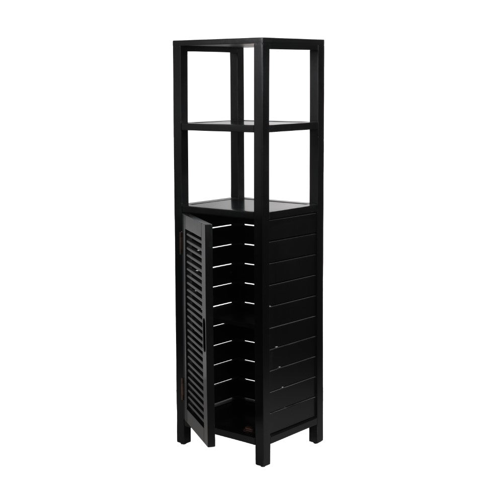 Valea 47 in. H Handcrafted Pine Wood Bathroom Freestanding Floor Storage Cabinet with Louvered Door and 3-Tier Open Shelves