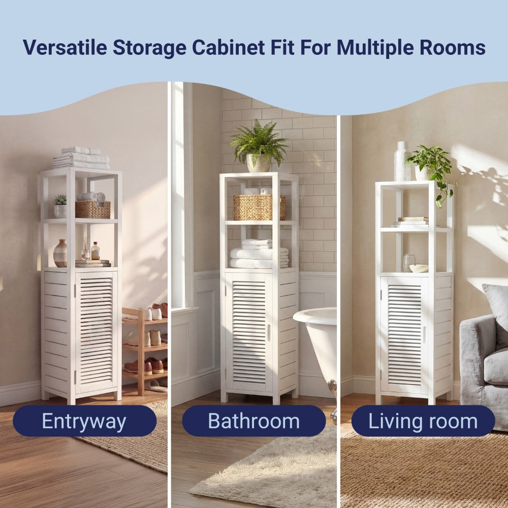 Valea 47 in. H Handcrafted Pine Wood Bathroom Freestanding Floor Storage Cabinet with Louvered Door and 3-Tier Open Shelves
