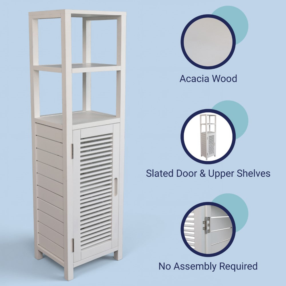 Valea 47 in. H Handcrafted Pine Wood Bathroom Freestanding Floor Storage Cabinet with Louvered Door and 3-Tier Open Shelves