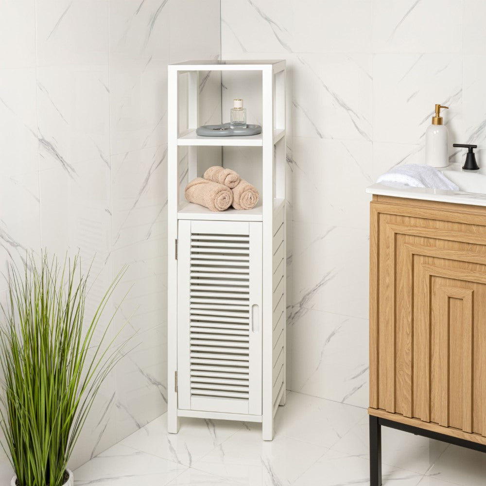 Valea 47 in. H Handcrafted Pine Wood Bathroom Freestanding Floor Storage Cabinet with Louvered Door and 3-Tier Open Shelves