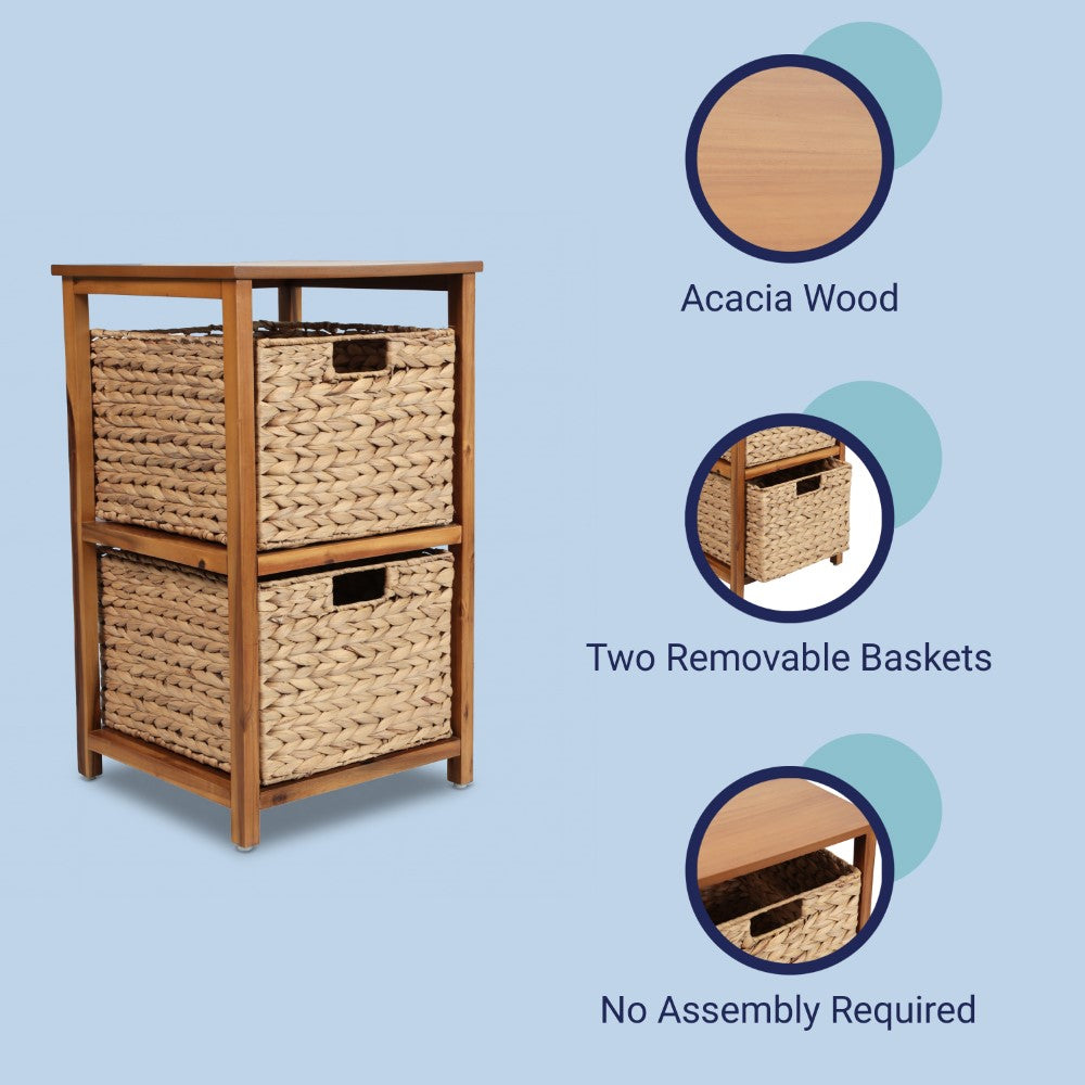 Hillora 24 in. H Coastal Bohemian Handcrafted Acacia Wood 2-Tier Storage Cabinet with 2 Water Hyacinth Woven Baskets