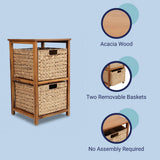 Hillora 24 in. H Coastal Bohemian Handcrafted Acacia Wood 2-Tier Storage Cabinet with 2 Water Hyacinth Woven Baskets