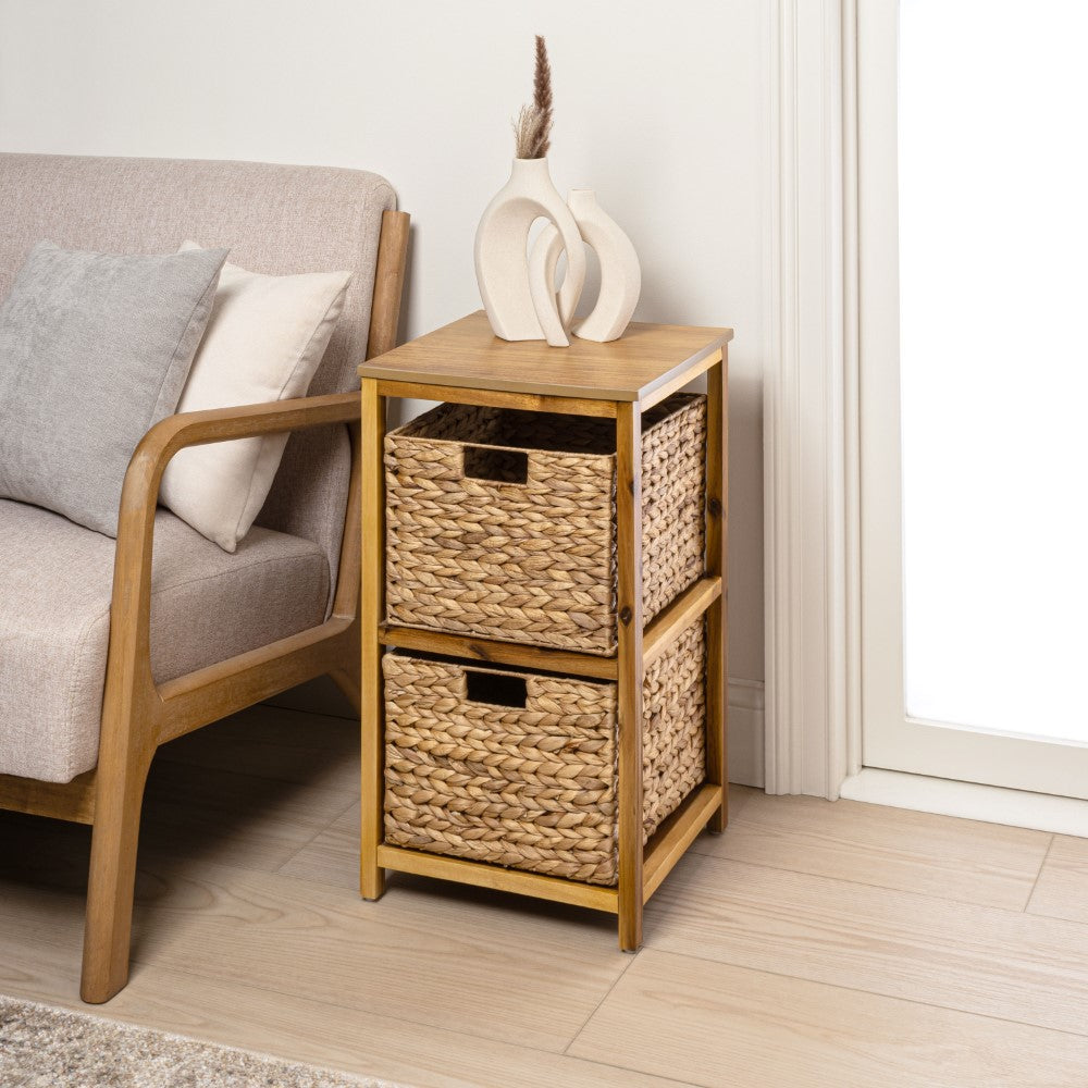 Hillora 24 in. H Coastal Bohemian Handcrafted Acacia Wood 2-Tier Storage Cabinet with 2 Water Hyacinth Woven Baskets
