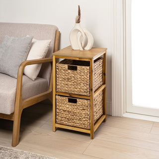 Hillora 24 in. H Coastal Bohemian Handcrafted Acacia Wood 2-Tier Storage Cabinet with 2 Water Hyacinth Woven Baskets