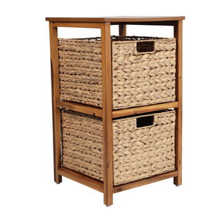 Hillora 24 in. H Coastal Bohemian Handcrafted Acacia Wood 2-Tier Storage Cabinet with 2 Water Hyacinth Woven Baskets