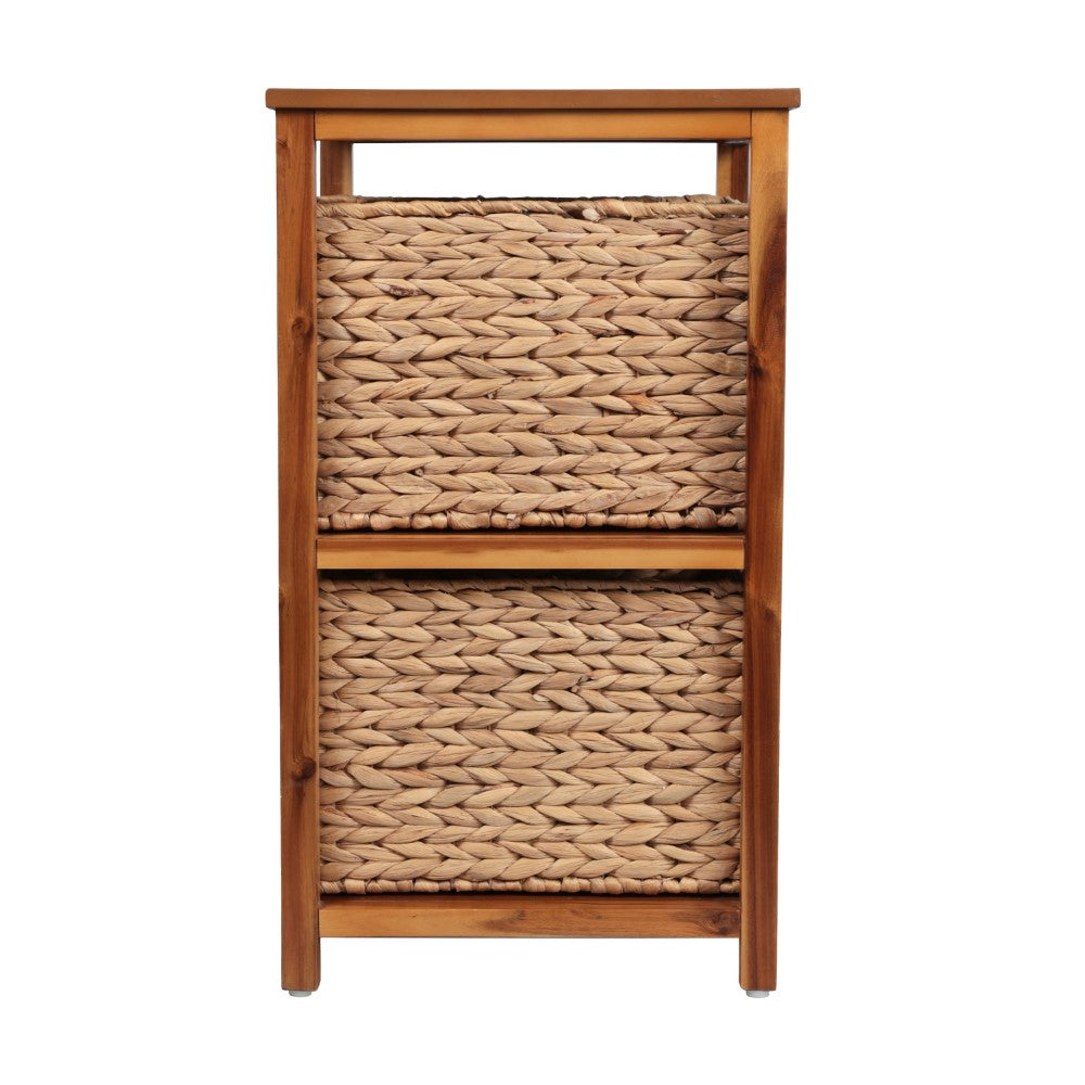 Hillora 24 in. H Coastal Bohemian Handcrafted Acacia Wood 2-Tier Storage Cabinet with 2 Water Hyacinth Woven Baskets