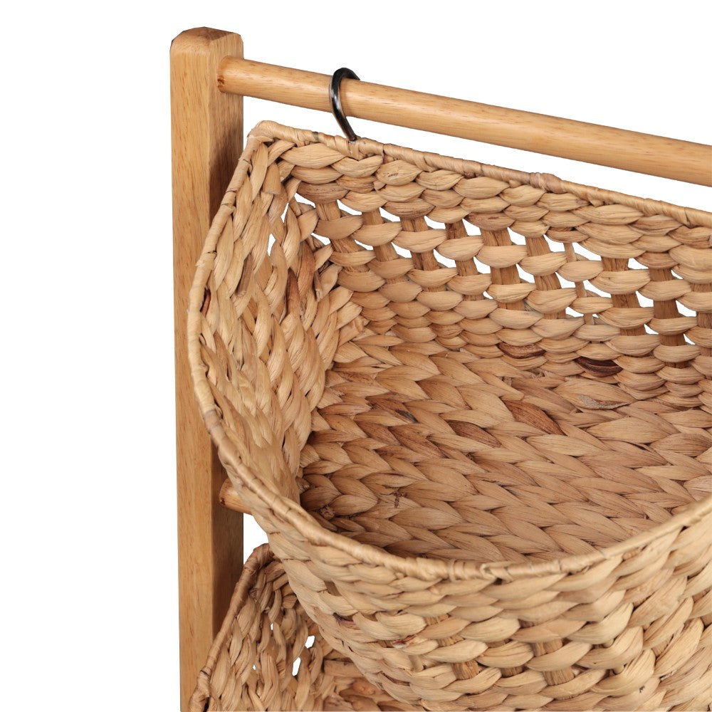 Veluna 35.5 in. H Handcrafted Pine Wood 3-Tier Floor Stand with Water Hyacinth Baskets Storage Rack