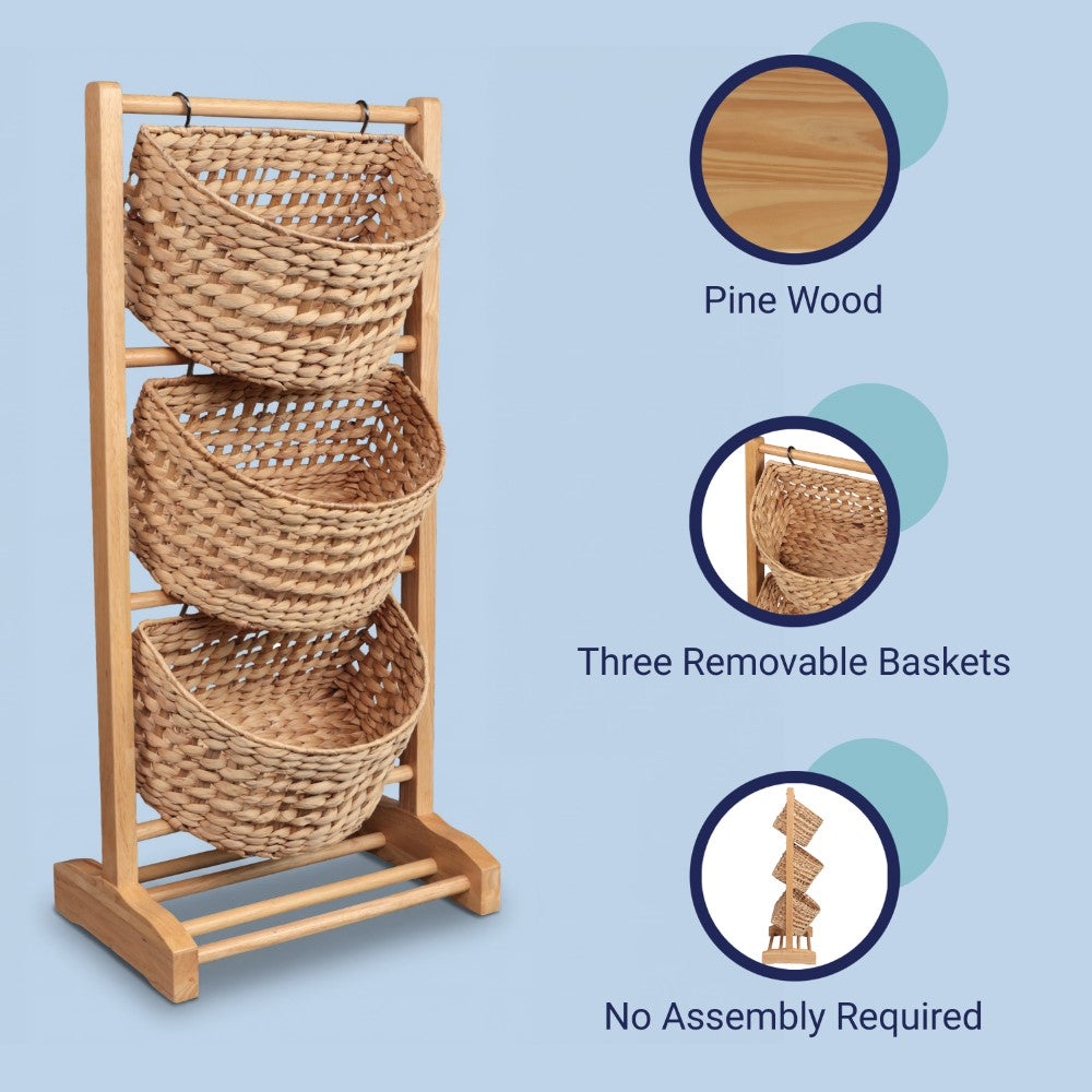 Veluna 35.5 in. H Handcrafted Pine Wood 3-Tier Floor Stand with Water Hyacinth Baskets Storage Rack