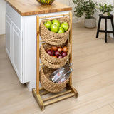 Veluna 35.5 in. H Handcrafted Pine Wood 3-Tier Floor Stand with Water Hyacinth Baskets Storage Rack
