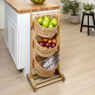 Veluna 35.5 in. H Handcrafted Pine Wood 3-Tier Floor Stand with Water Hyacinth Baskets Storage Rack