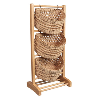 Veluna 35.5 in. H Handcrafted Pine Wood 3-Tier Floor Stand with Water Hyacinth Baskets Storage Rack