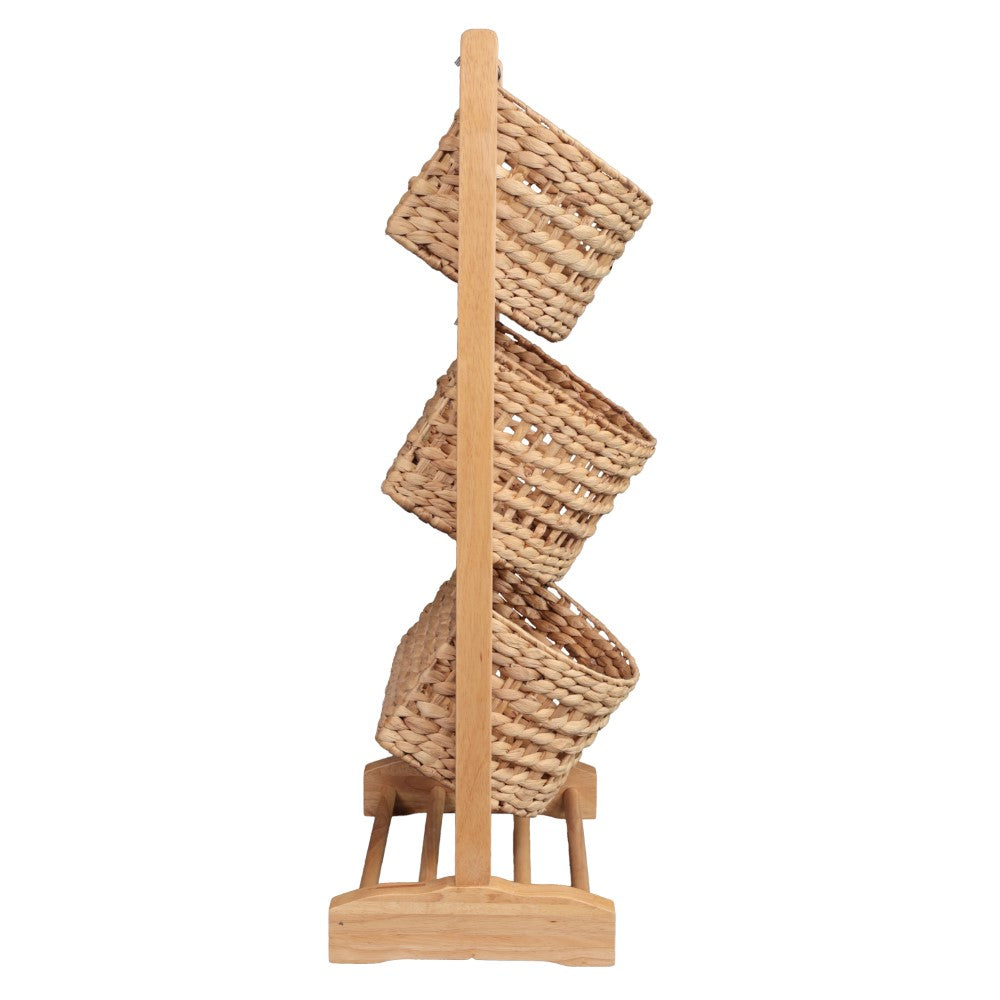 Veluna 35.5 in. H Handcrafted Pine Wood 3-Tier Floor Stand with Water Hyacinth Baskets Storage Rack