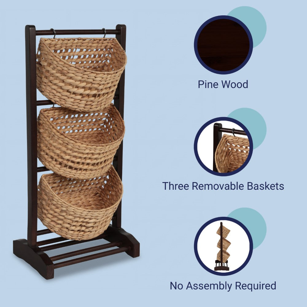 Veluna 35.5 in. H Handcrafted Pine Wood 3-Tier Floor Stand with Water Hyacinth Baskets Storage Rack