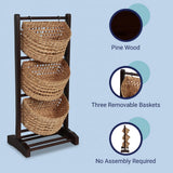 Veluna 35.5 in. H Handcrafted Pine Wood 3-Tier Floor Stand with Water Hyacinth Baskets Storage Rack