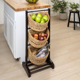 Veluna 35.5 in. H Handcrafted Pine Wood 3-Tier Floor Stand with Water Hyacinth Baskets Storage Rack