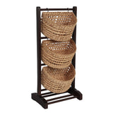 Veluna 35.5 in. H Handcrafted Pine Wood 3-Tier Floor Stand with Water Hyacinth Baskets Storage Rack