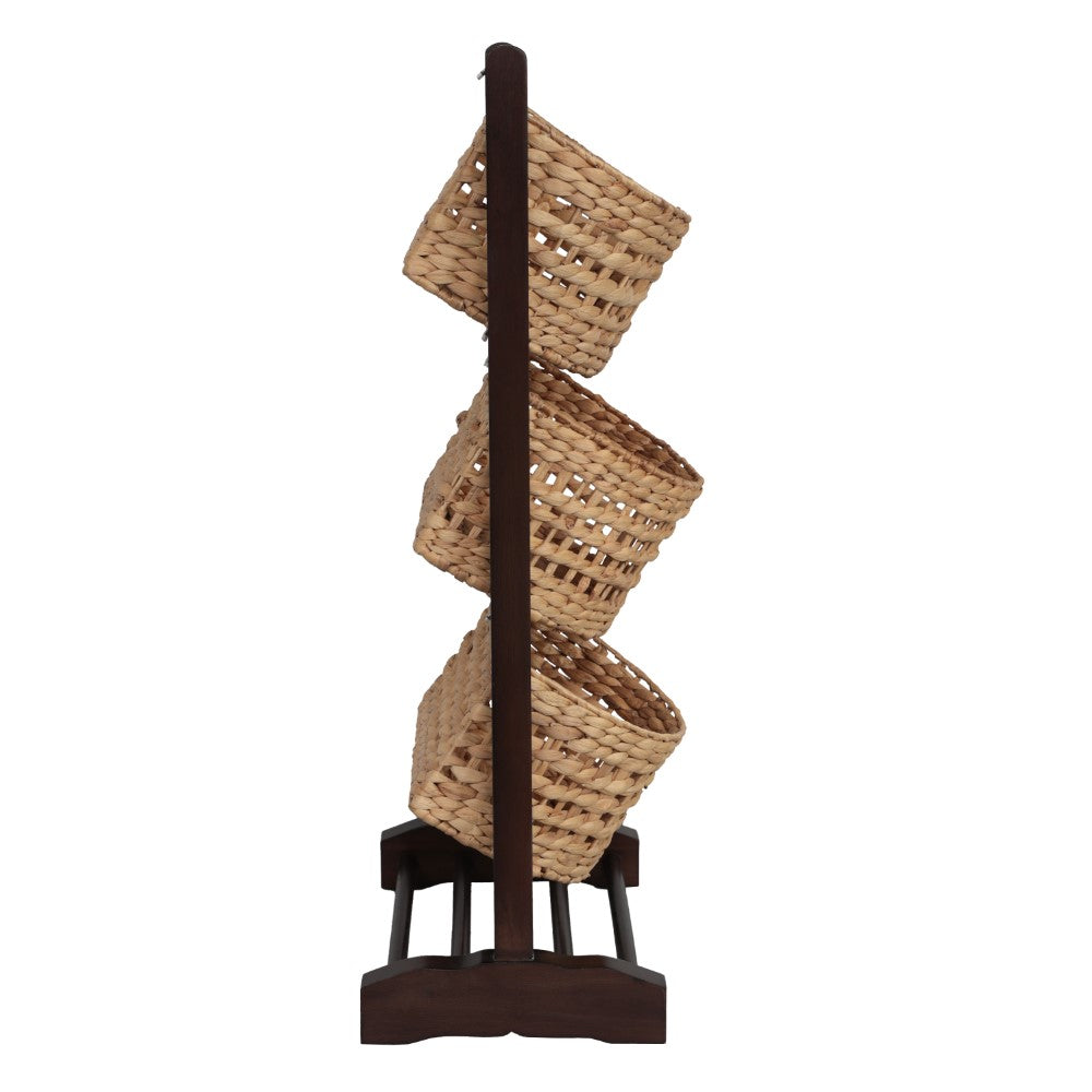 Veluna 35.5 in. H Handcrafted Pine Wood 3-Tier Floor Stand with Water Hyacinth Baskets Storage Rack