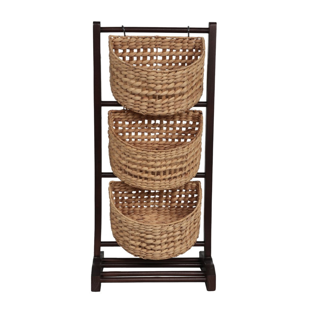 Veluna 35.5 in. H Handcrafted Pine Wood 3-Tier Floor Stand with Water Hyacinth Baskets Storage Rack