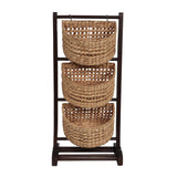 Veluna 35.5 in. H Handcrafted Pine Wood 3-Tier Floor Stand with Water Hyacinth Baskets Storage Rack