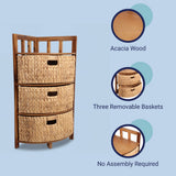Lumora 34 in. H Handcrafted Acacia Wood 3-Tier Corner Storage Cabinet with 3 Water Hyacinth Baskets