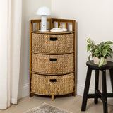 Lumora 34 in. H Handcrafted Acacia Wood 3-Tier Corner Storage Cabinet with 3 Water Hyacinth Baskets