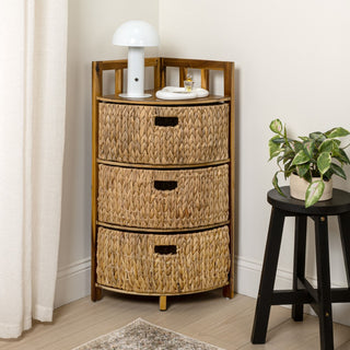 Lumora 34 in. H Handcrafted Acacia Wood 3-Tier Corner Storage Cabinet with 3 Water Hyacinth Baskets