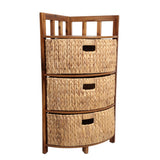 Lumora 34 in. H Handcrafted Acacia Wood 3-Tier Corner Storage Cabinet with 3 Water Hyacinth Baskets