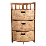 Lumora 34 in. H Handcrafted Acacia Wood 3-Tier Corner Storage Cabinet with 3 Water Hyacinth Baskets
