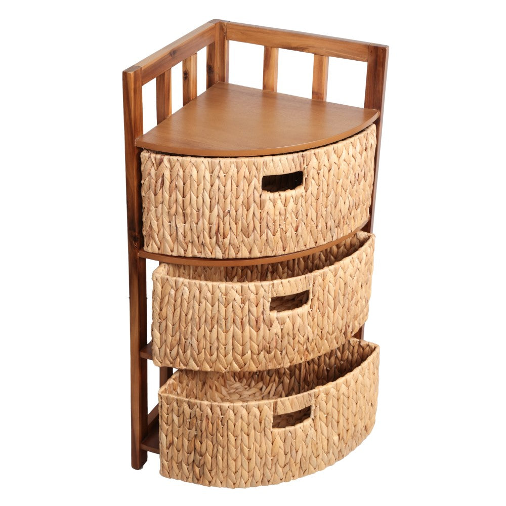 Lumora 34 in. H Handcrafted Acacia Wood 3-Tier Corner Storage Cabinet with 3 Water Hyacinth Baskets