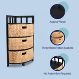 Lumora 34 in. H Handcrafted Acacia Wood 3-Tier Corner Storage Cabinet with 3 Water Hyacinth Baskets