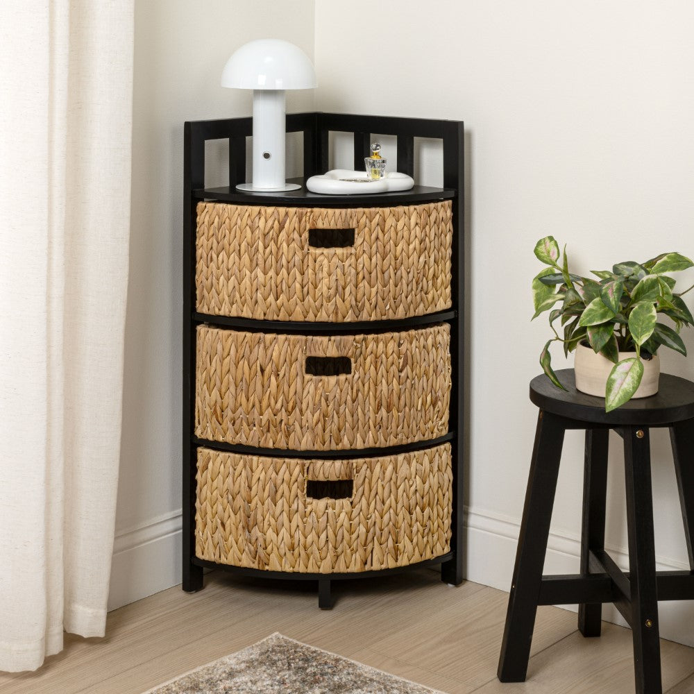 Lumora 34 in. H Handcrafted Acacia Wood 3-Tier Corner Storage Cabinet with 3 Water Hyacinth Baskets