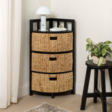 Lumora 34 in. H Handcrafted Acacia Wood 3-Tier Corner Storage Cabinet with 3 Water Hyacinth Baskets