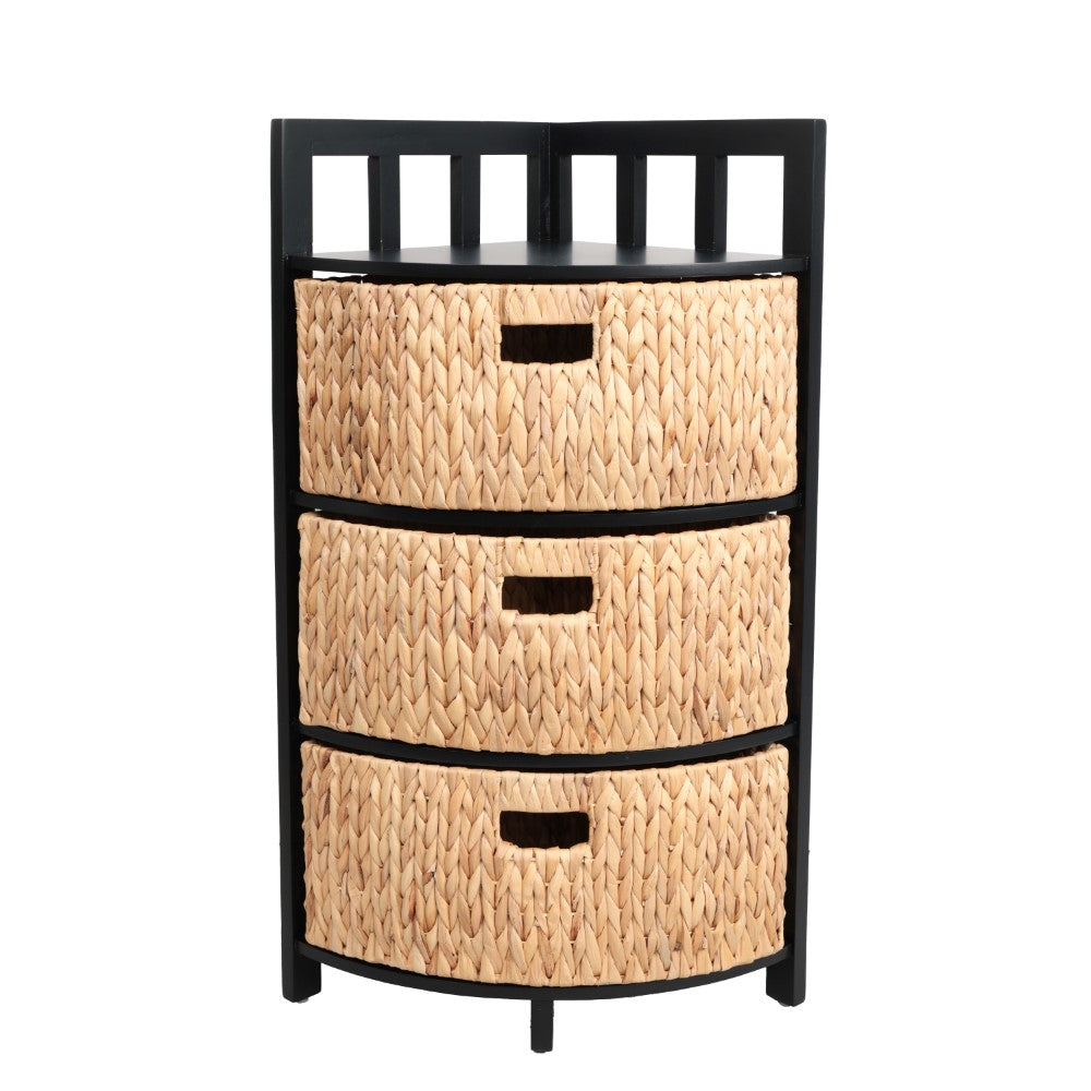 Lumora 34 in. H Handcrafted Acacia Wood 3-Tier Corner Storage Cabinet with 3 Water Hyacinth Baskets