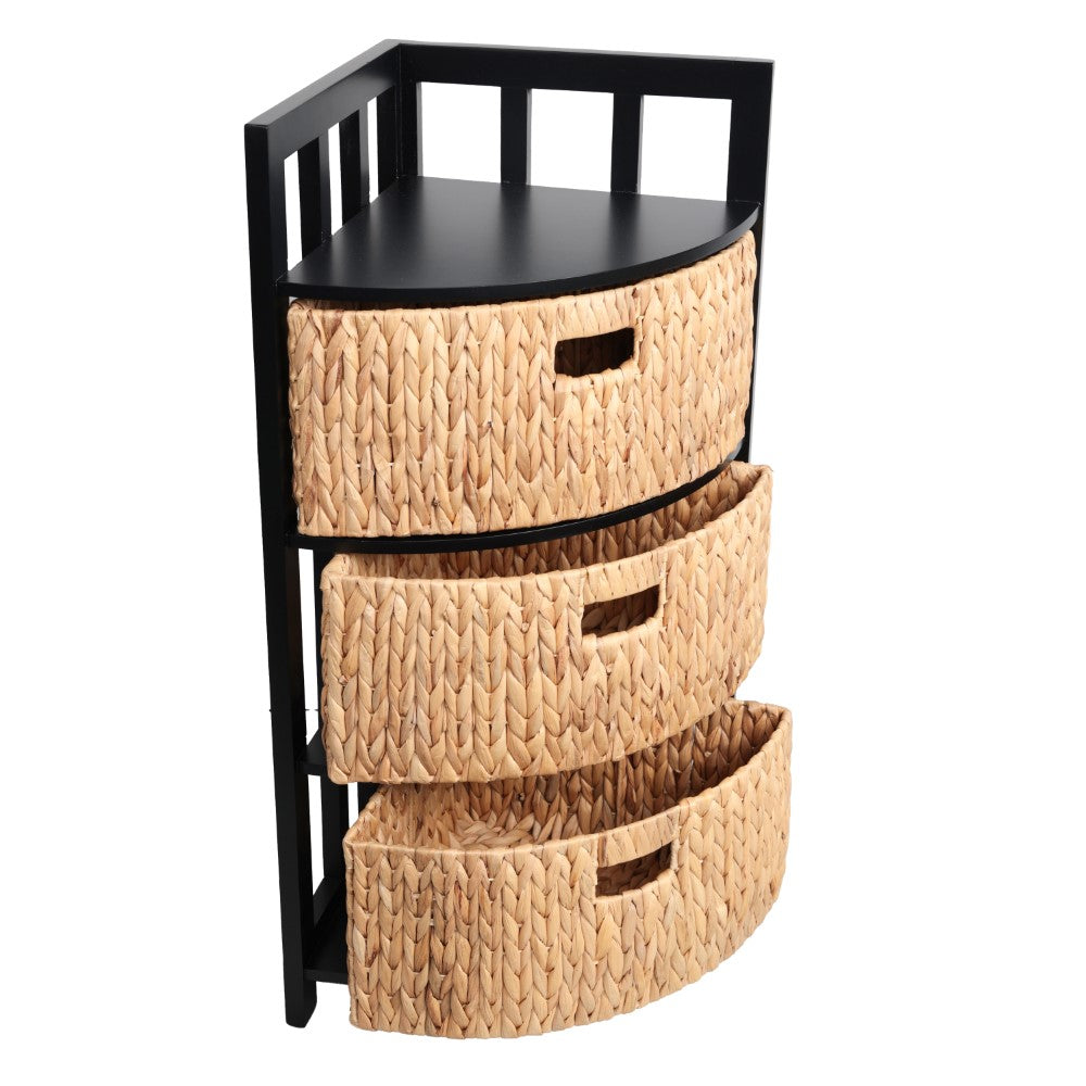 Lumora 34 in. H Handcrafted Acacia Wood 3-Tier Corner Storage Cabinet with 3 Water Hyacinth Baskets