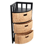 Lumora 34 in. H Handcrafted Acacia Wood 3-Tier Corner Storage Cabinet with 3 Water Hyacinth Baskets